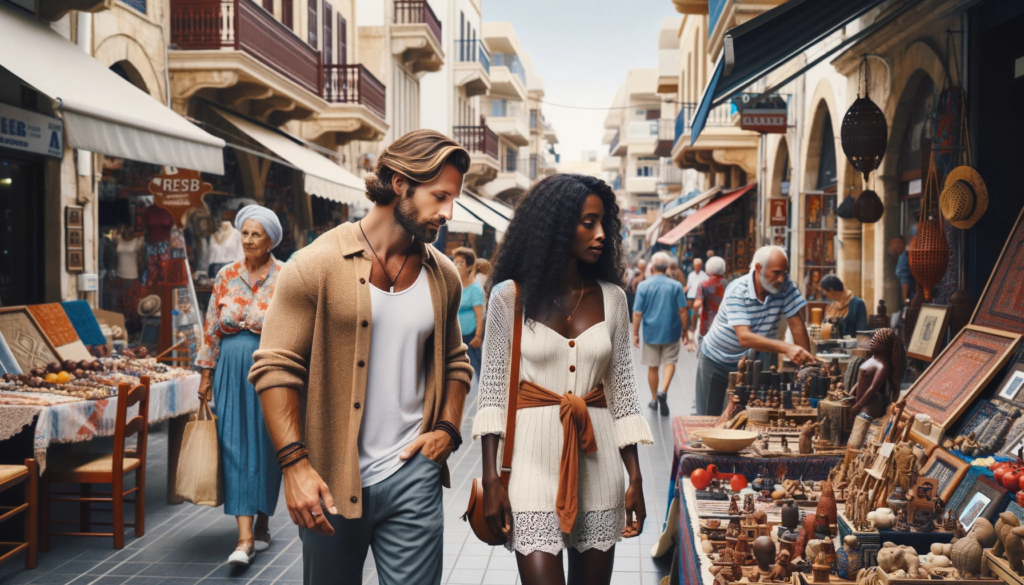 A couple exploring a vibrant Larnaca market street, filled with traditional crafts, local vendors, and historical buildings.