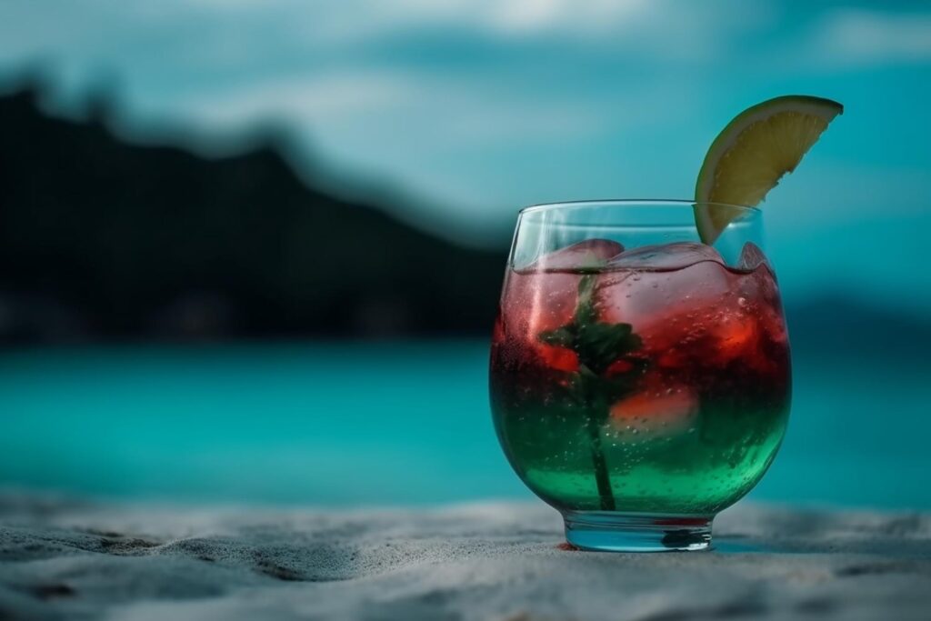 Colorful beach cocktail with red and green gradient, garnished with a lime wedge on sandy shore