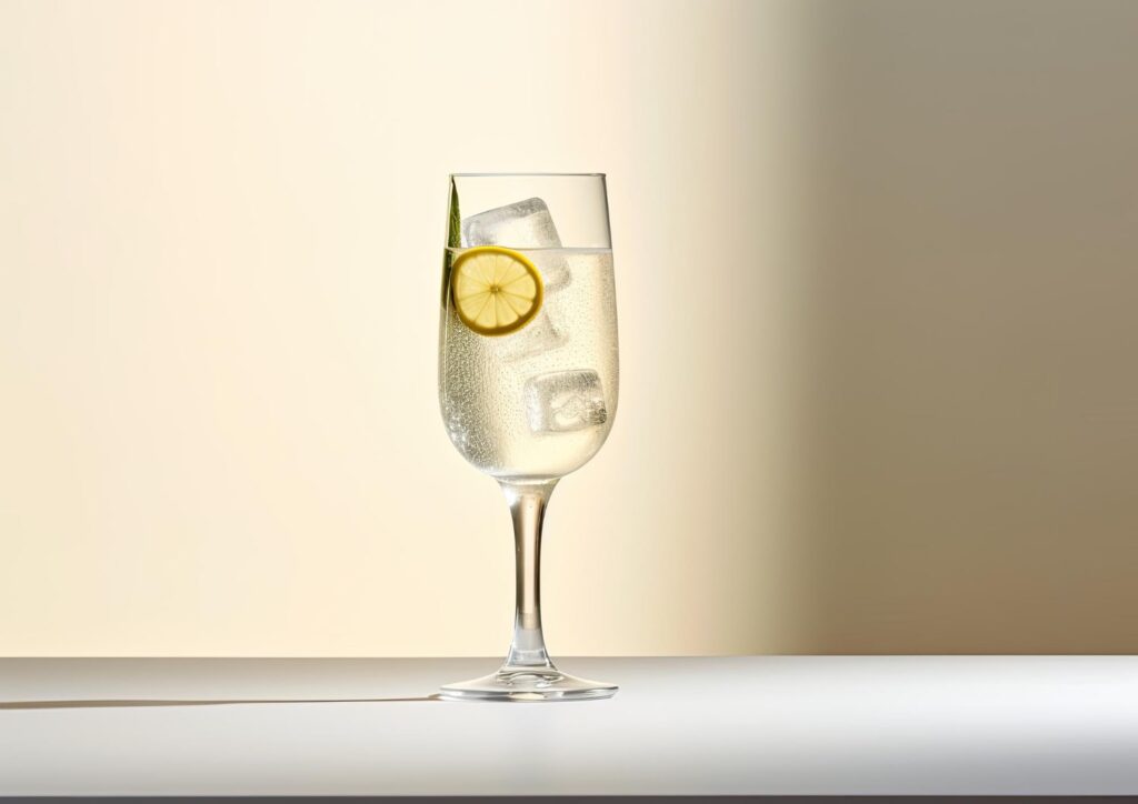 Sparkling wine in a flute with a lemon wheel garnish, against a soft beige background.
