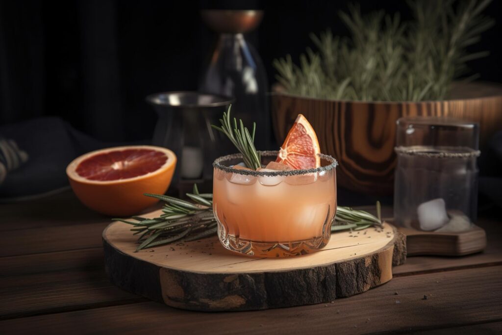 Craft cocktail with grapefruit and rosemary garnish, on a wooden board with a dark, rustic setting.