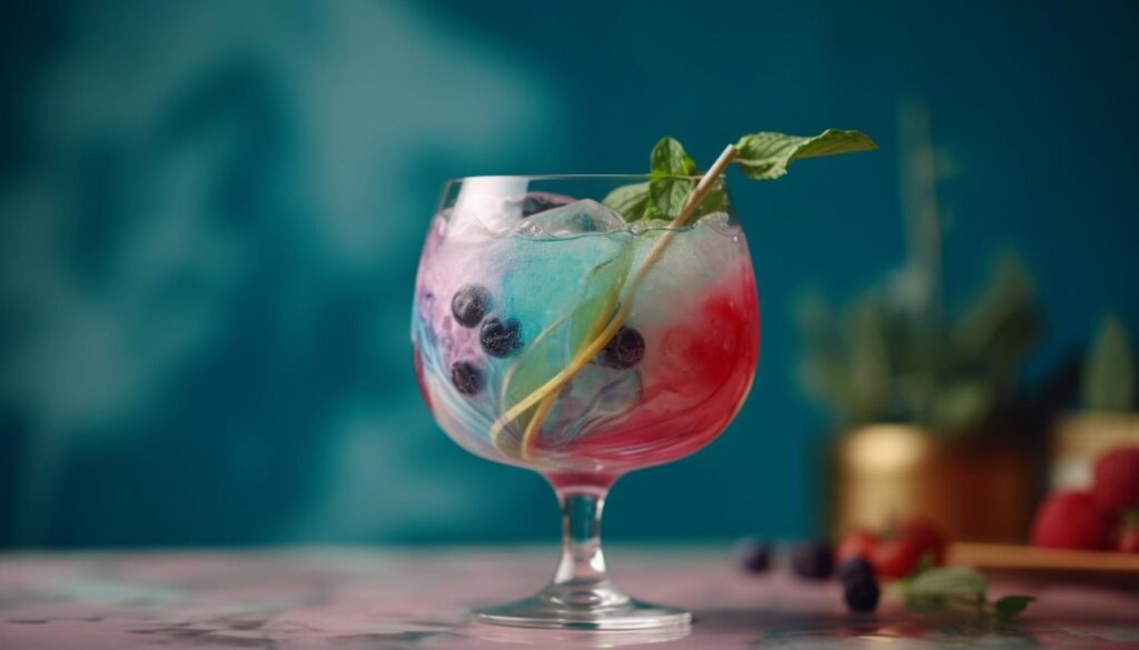 Colorful berry cocktail with ice and mint garnish in a balloon glass against a teal backdrop."