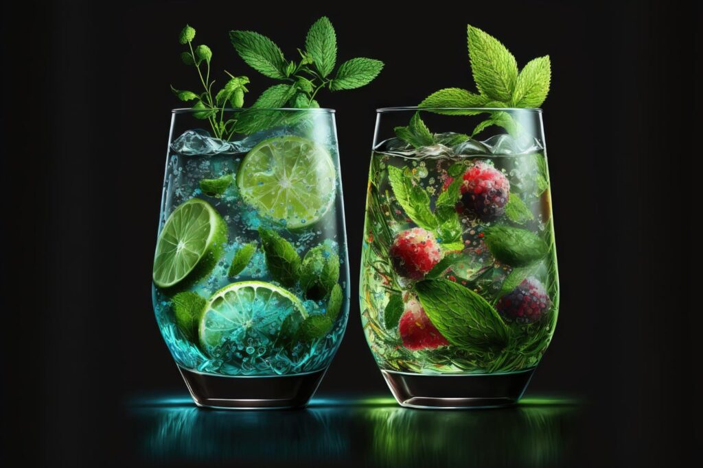 "Two refreshing summer cocktails in clear glasses: a classic mojito with lime and mint on the left, and a berry mojito with raspberries and blackberries on the right, both on a dark background with a subtle green reflection."