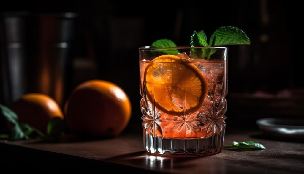 Close-up of a chilled cocktail with orange and mint garnish in a textured glass, with a dark, moody backdrop.