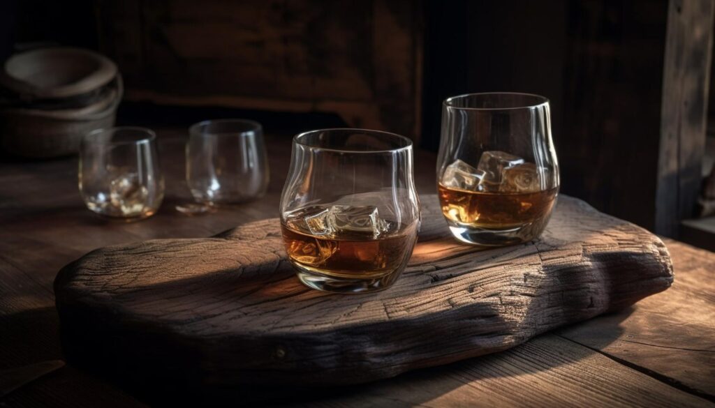 Whiskey glasses with ice on an aged wooden table in a dimly lit ambiance.