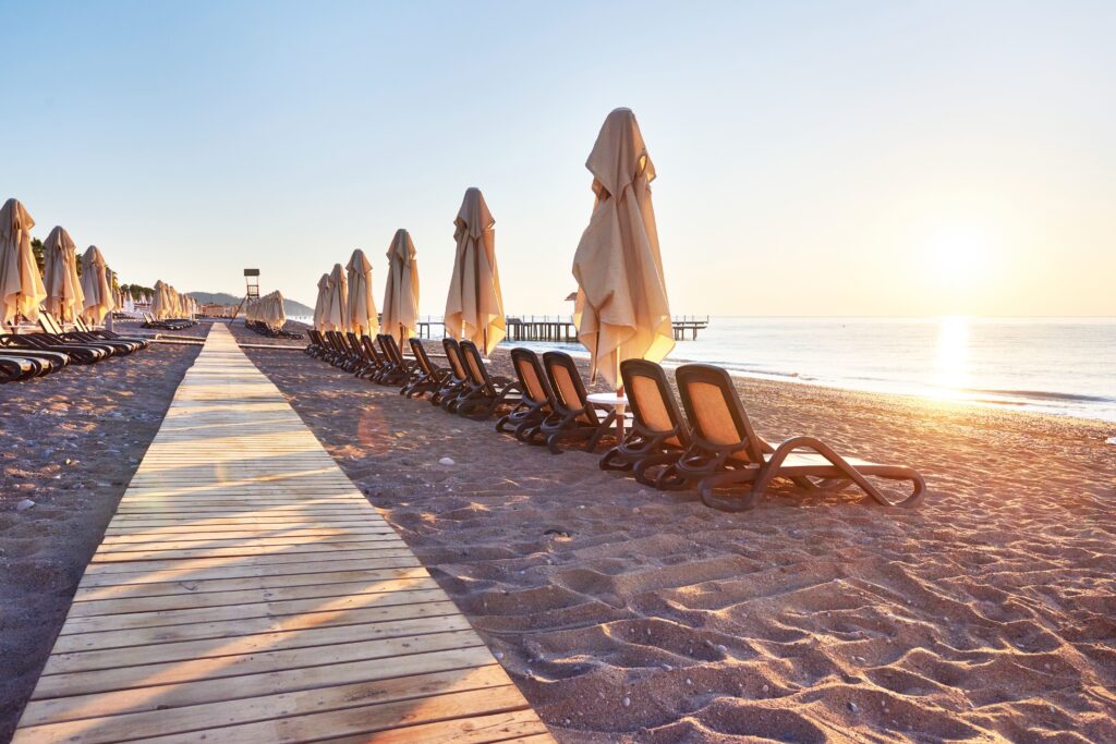 Sunlit beach in Larnaca, Cyprus, with beautiful weather.